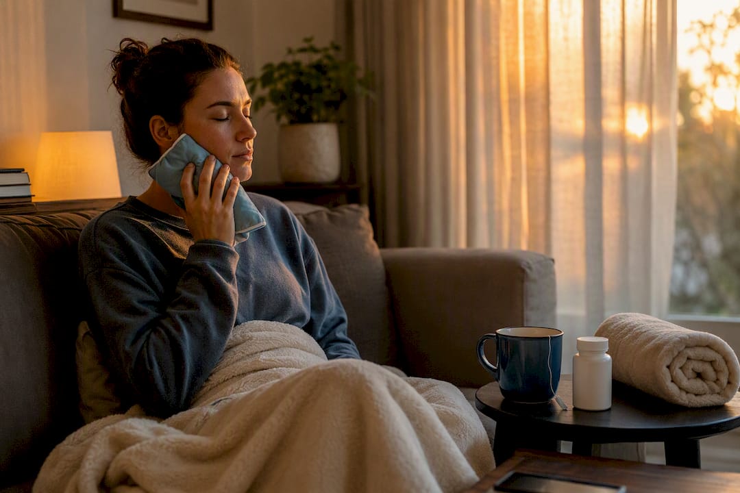 Patient applying cold compress after dental surgery