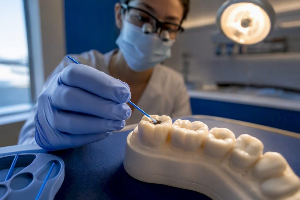 Clinician applying SDF to decayed tooth