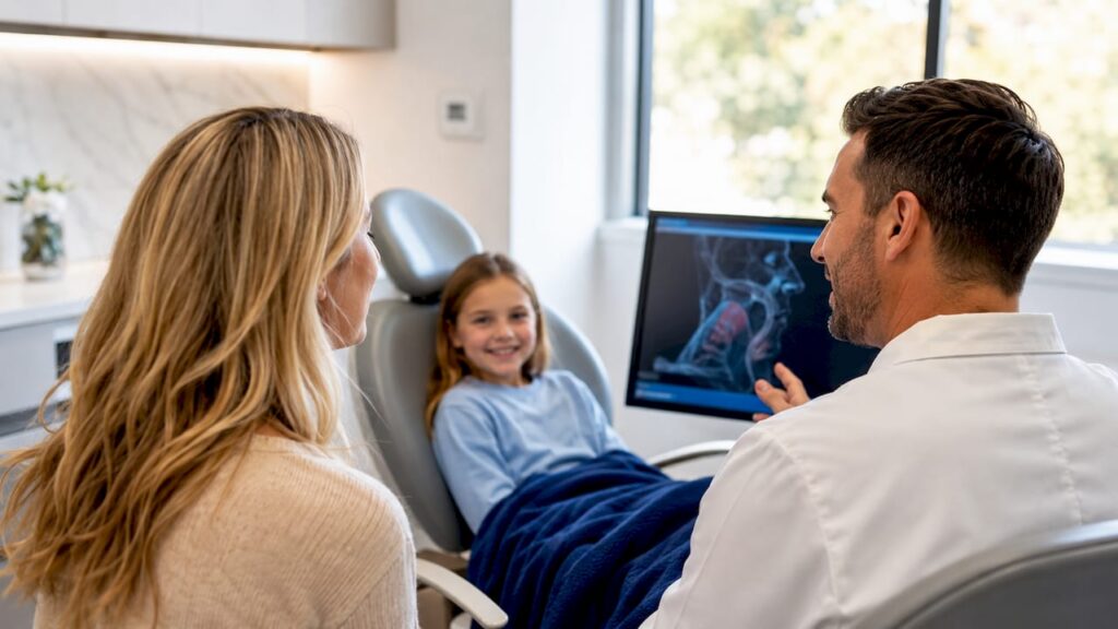 Parent reviewing pediatric airway evaluation results
