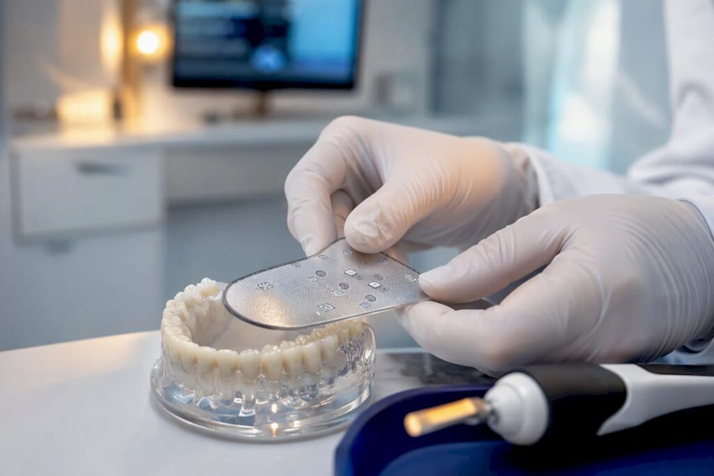 Occlusal sensor positioned over dental arch model