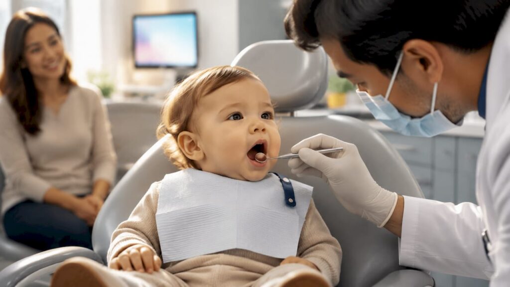 Toddler receiving a first dental examination