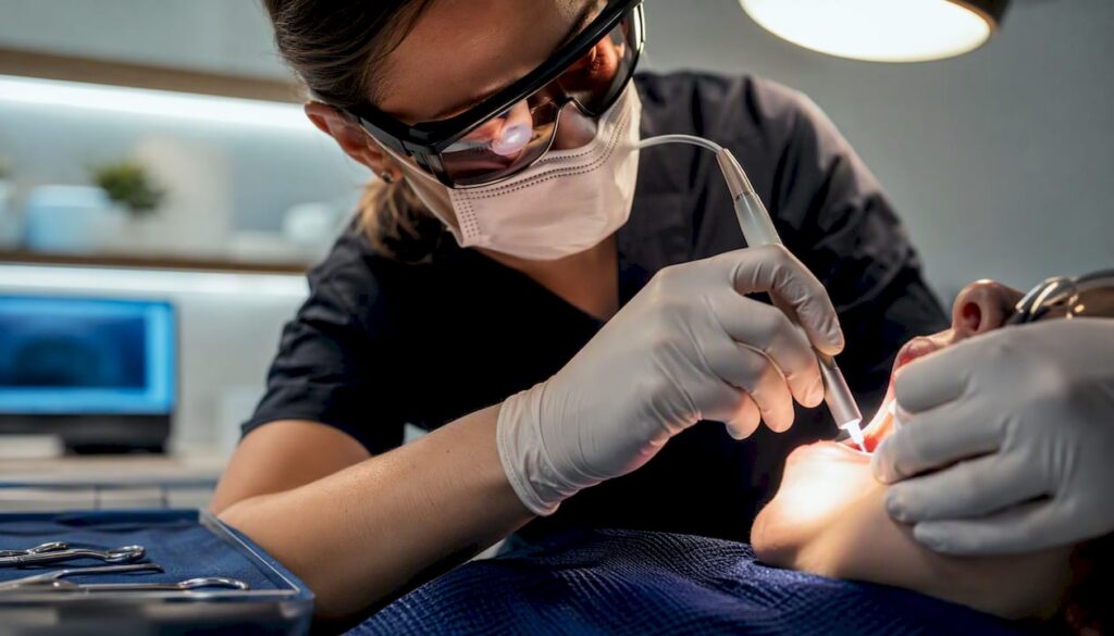 Clinician performing a laser frenectomy