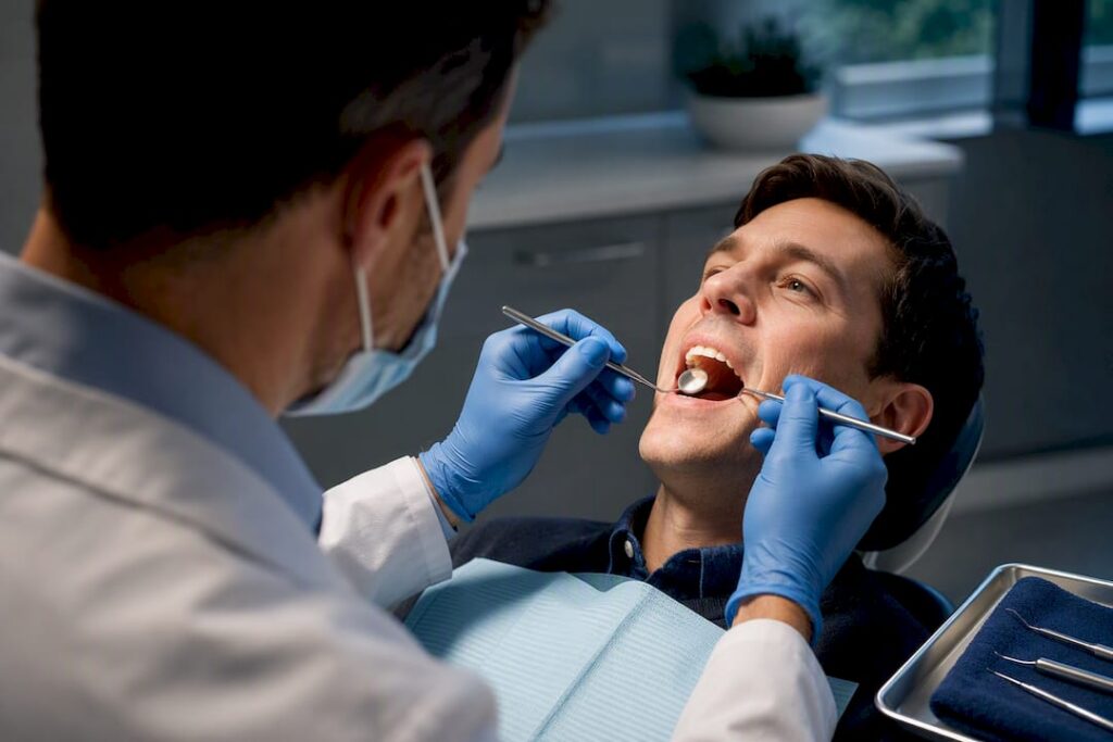 Dentist examining tooth before treatment