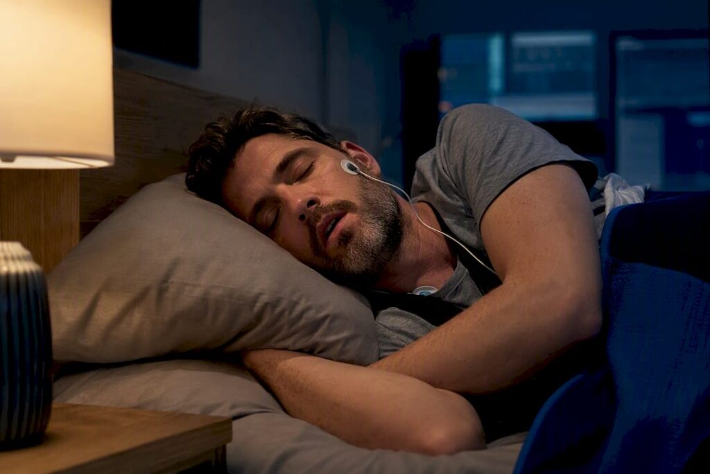 Adult sleeping during a mouth breathing assessment