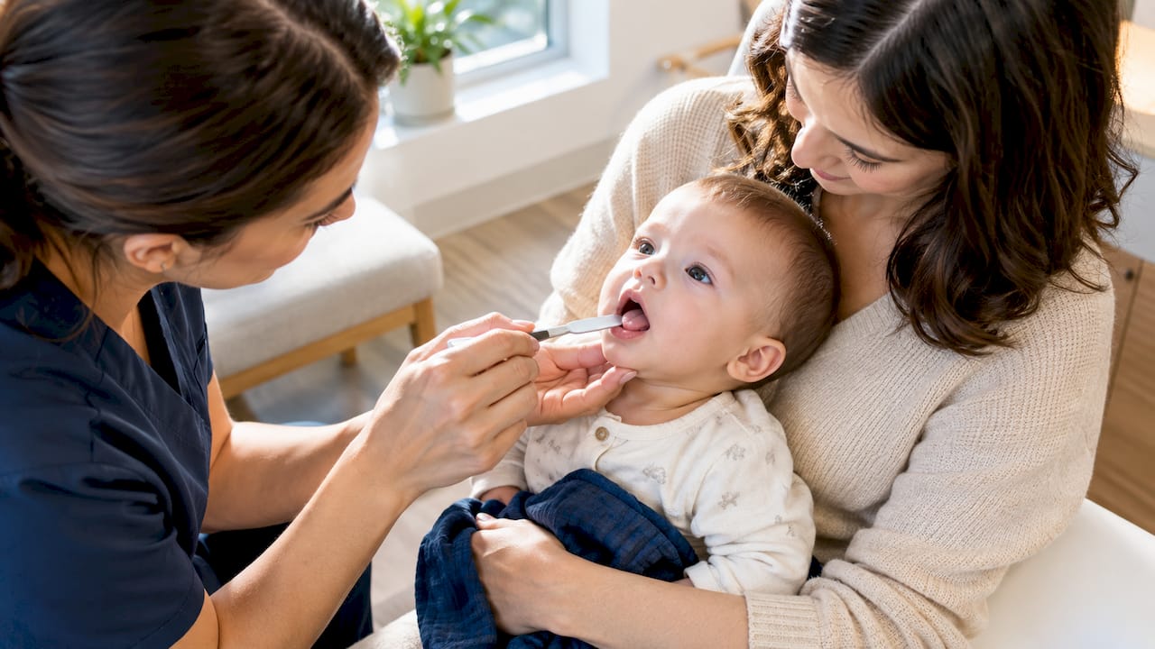 Clinician evaluating infant tongue movement