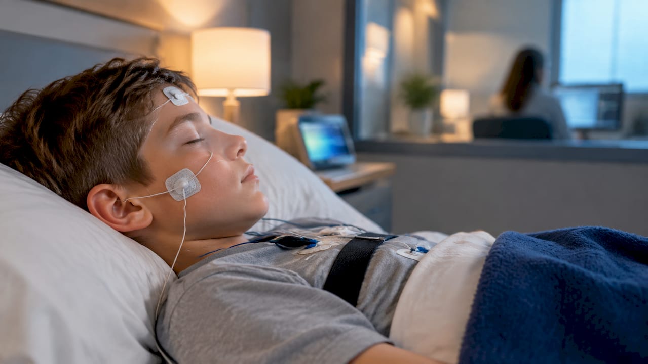 Child undergoing overnight sleep apnea screening