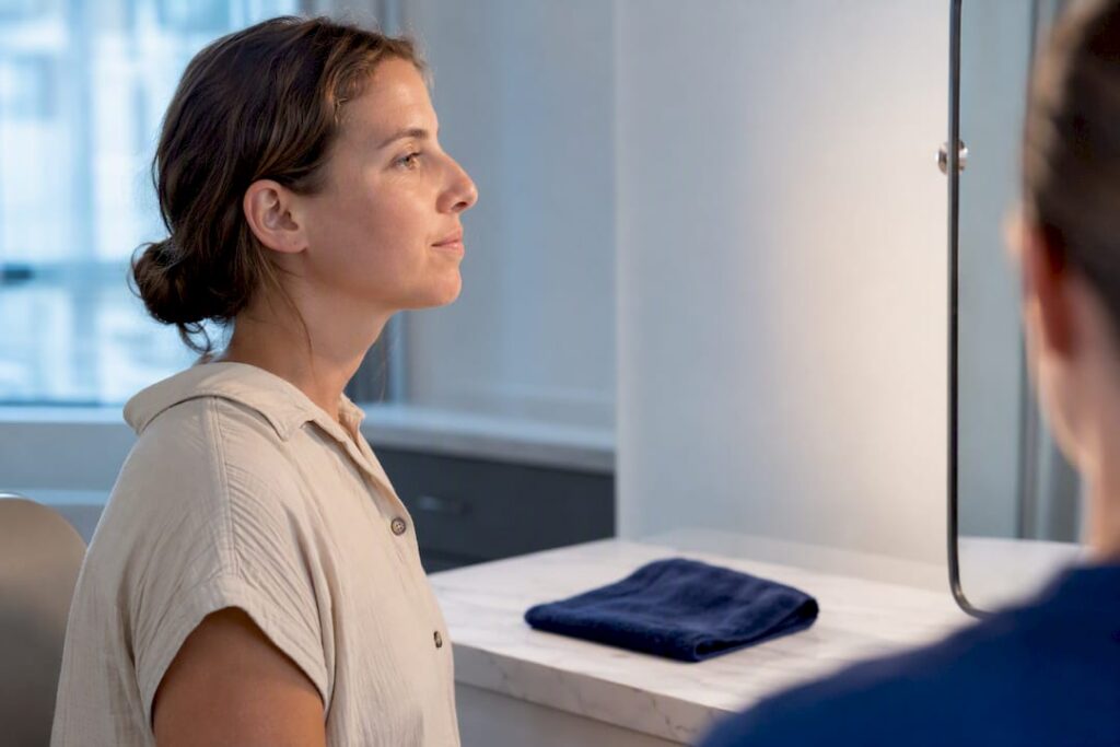 Patient practicing tongue posture therapy