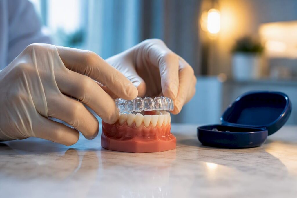 Clinician positioning clear aligner over dental model
