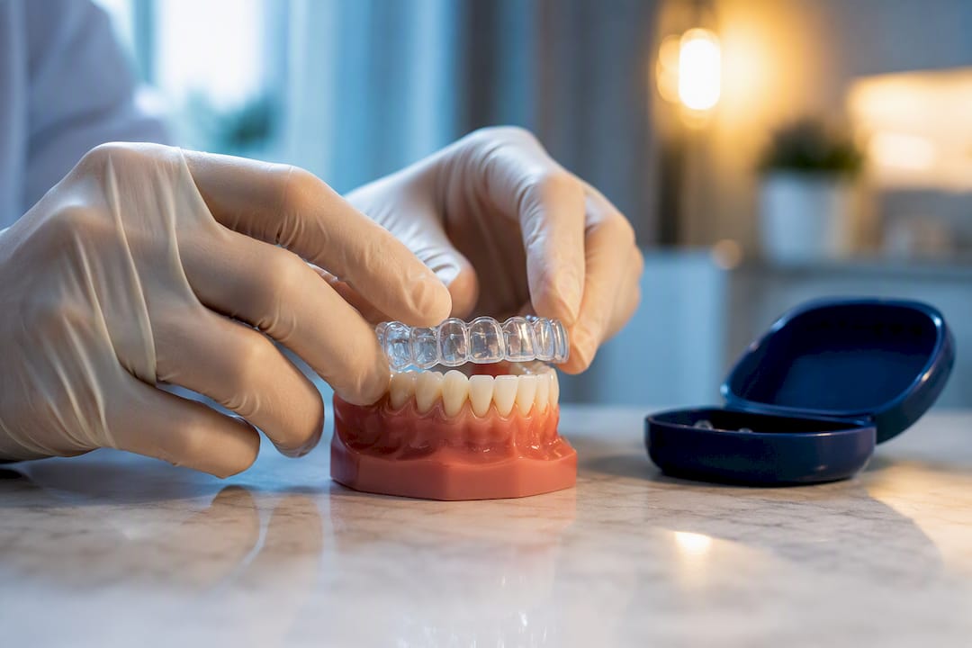 Clinician positioning clear aligner over dental model