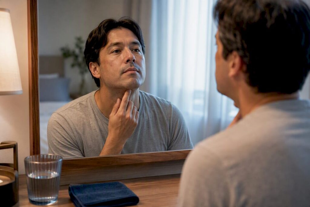Adult checking tongue posture in mirror