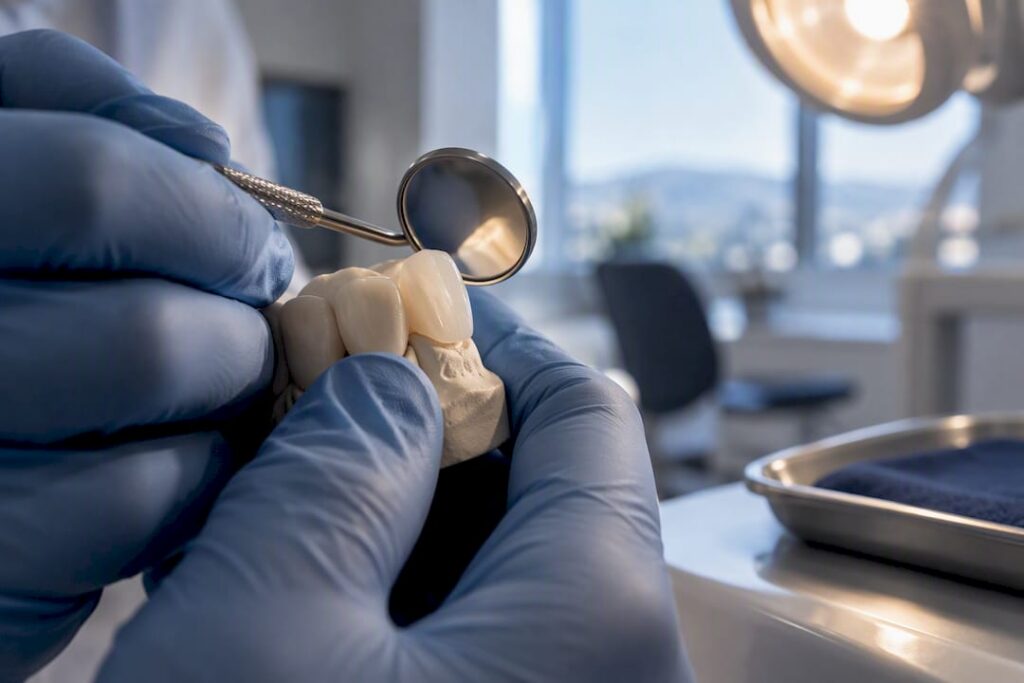 Dentist inspecting porcelain veneer edge