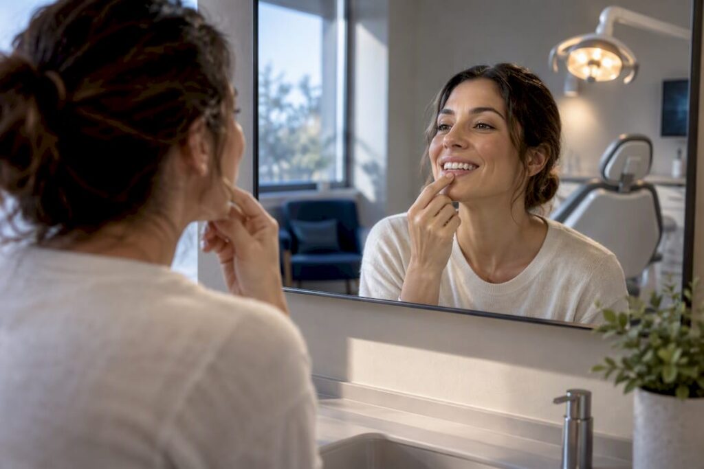Patient checking healing gumline after contouring