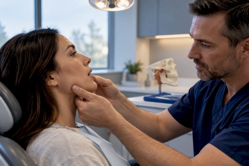 Clinician assessing patient jaw movement