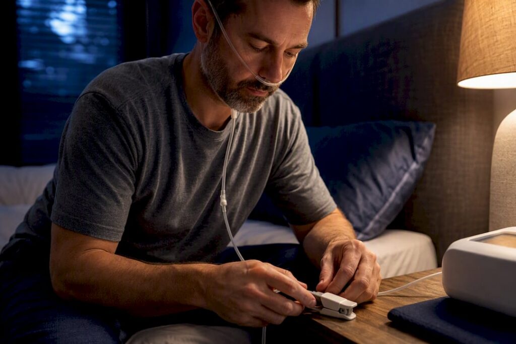 Hands securing home sleep test sensors