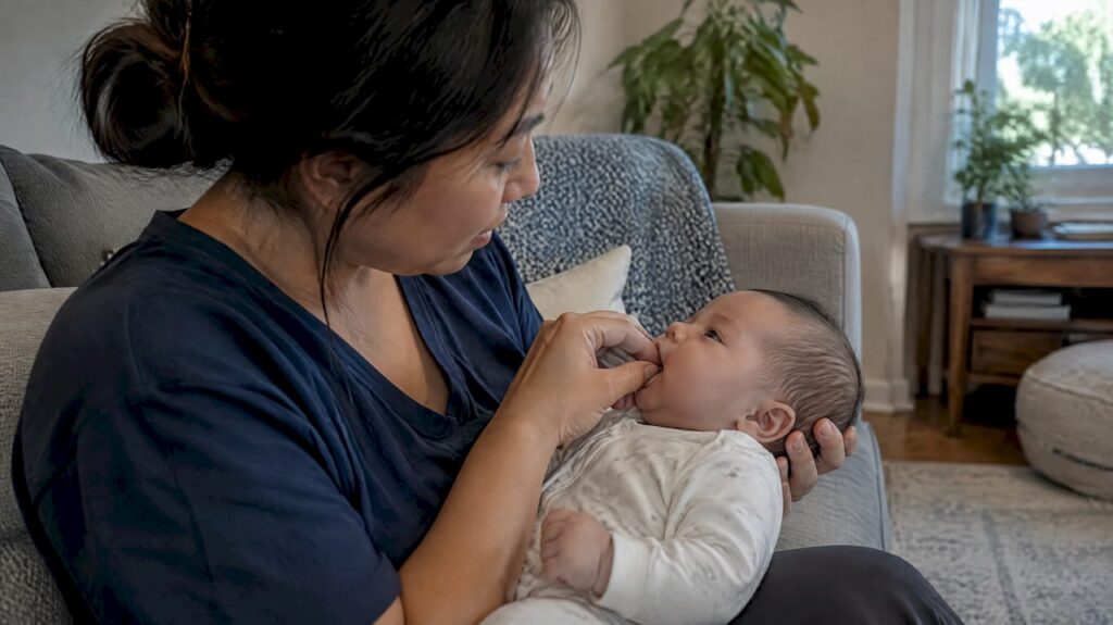 Parent performing gentle infant tongue tie stretch