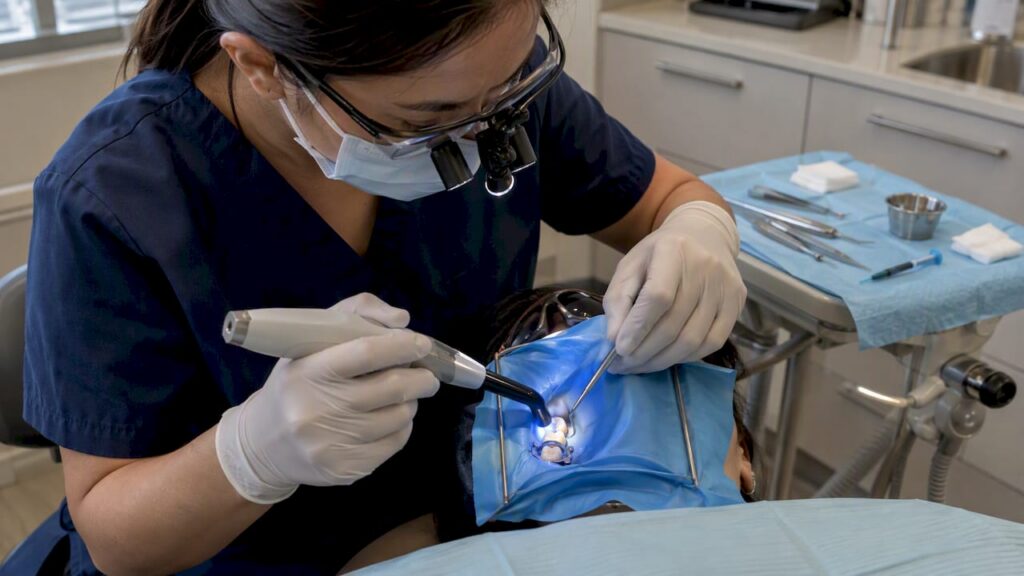 Dentist placing layered composite restoration