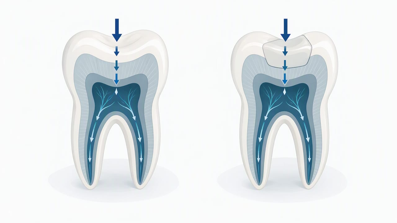 Layered tooth structure absorbing chewing forces