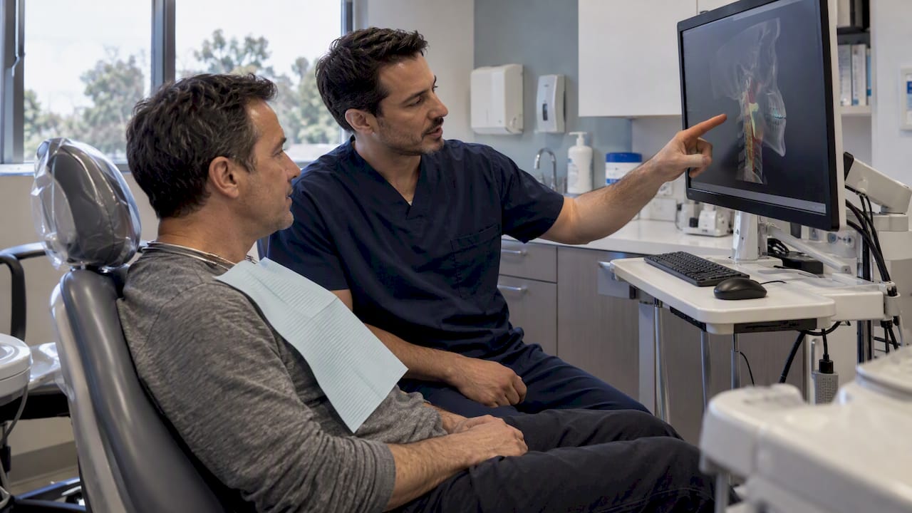 Dentist and patient reviewing airway imaging