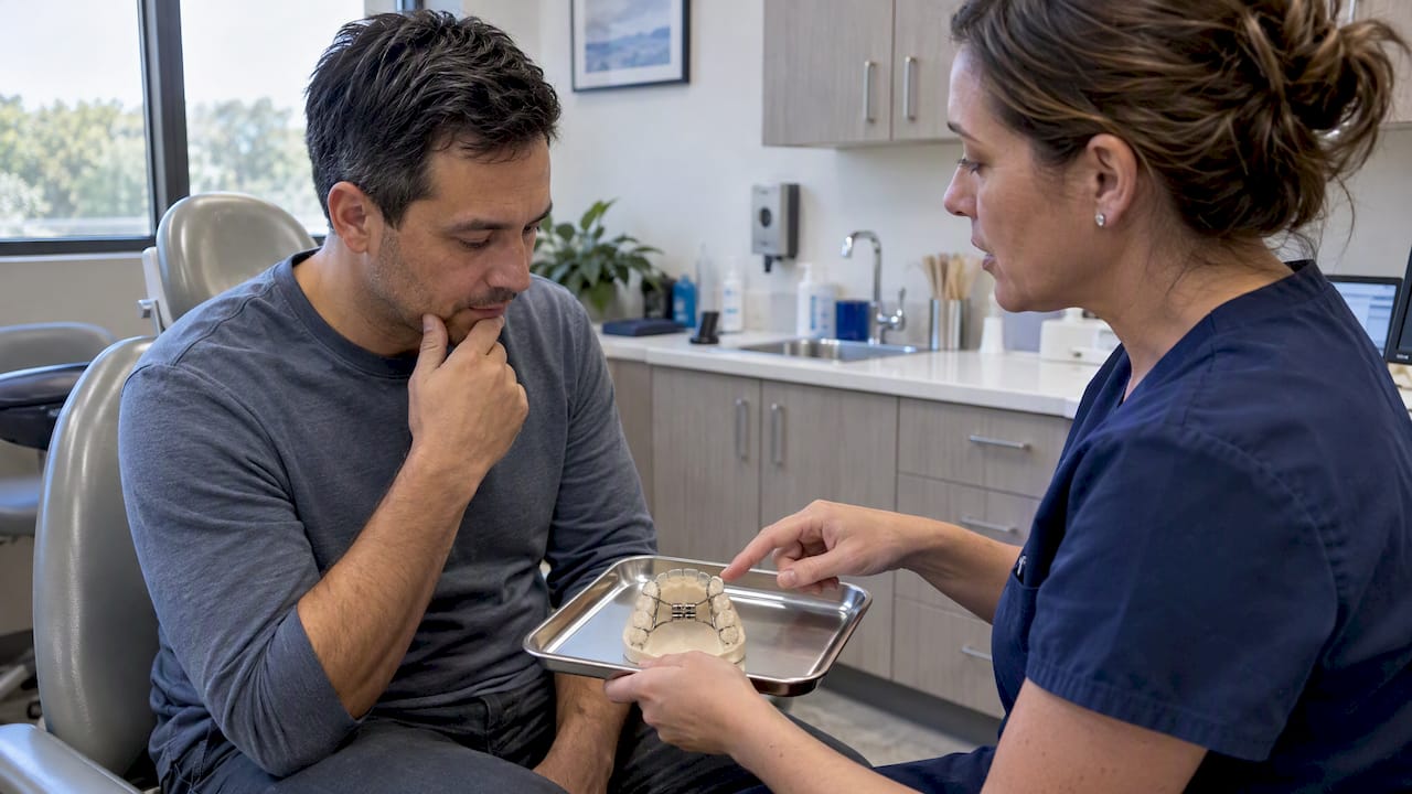 Adult reviewing a palatal expander with clinician