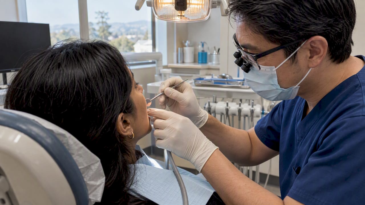 Dentist reviewing a bonded front tooth