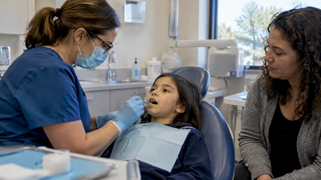 Dentist applying fluoride varnish to a child’s teeth