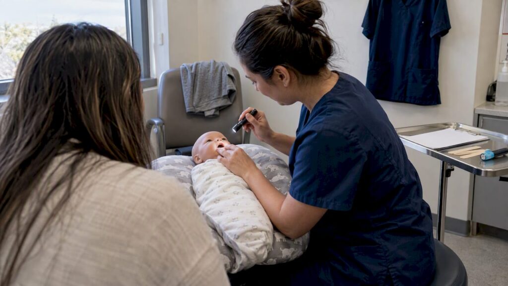 Clinician observes infant's lip during feeding
