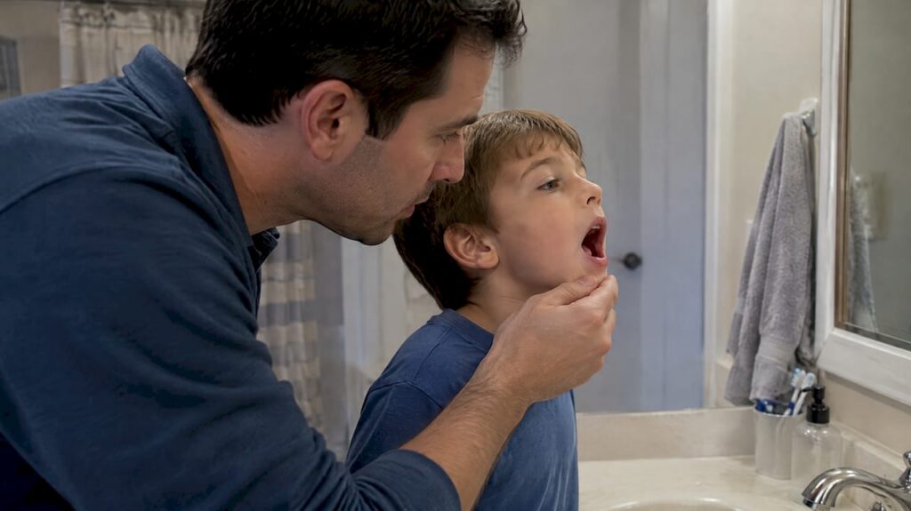 Parent checking child’s mouth during recovery