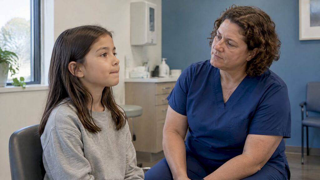 Child practicing a myofunctional therapy exercise