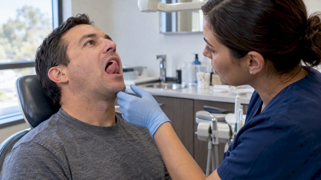 Adult raising tongue during dental examination