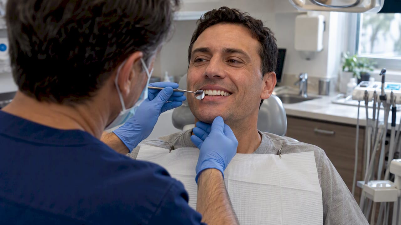 Dentist assessing teeth before veneer treatment