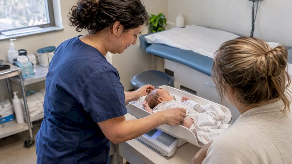 Lactation consultant weighing infant during feeding assessment