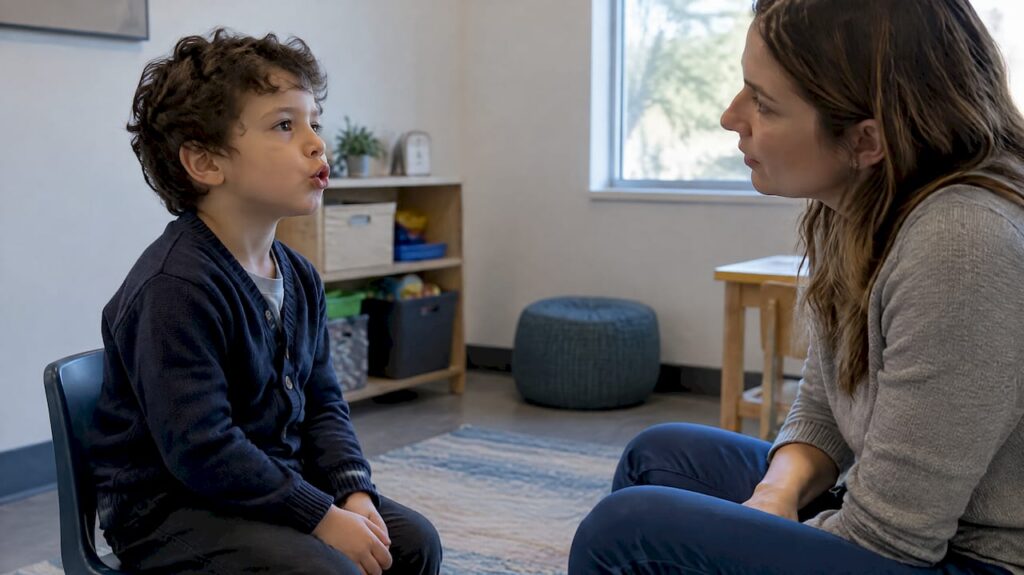 Child practicing a speech sound with a therapist